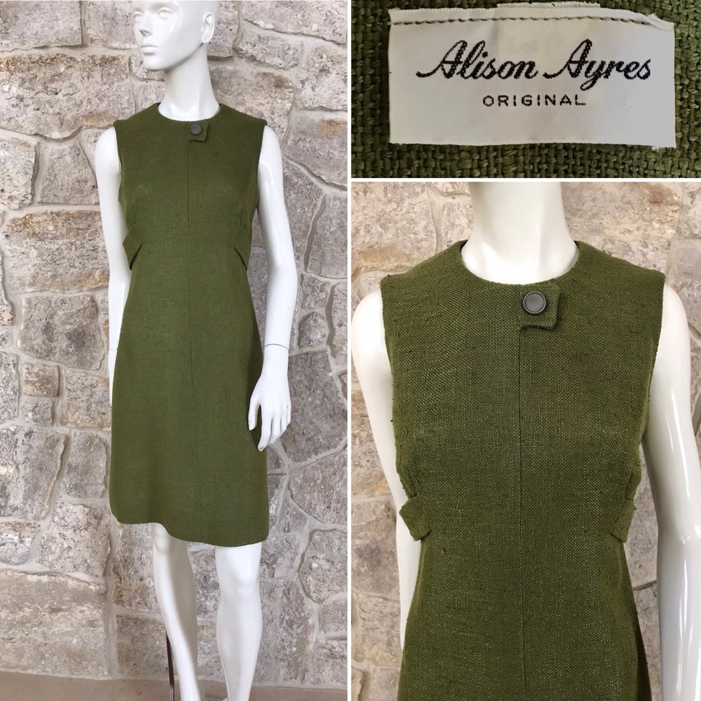 Vintage 1960s Alison Ayres Saguaro Olive Green Mod Mid Century Sleeveless Dress